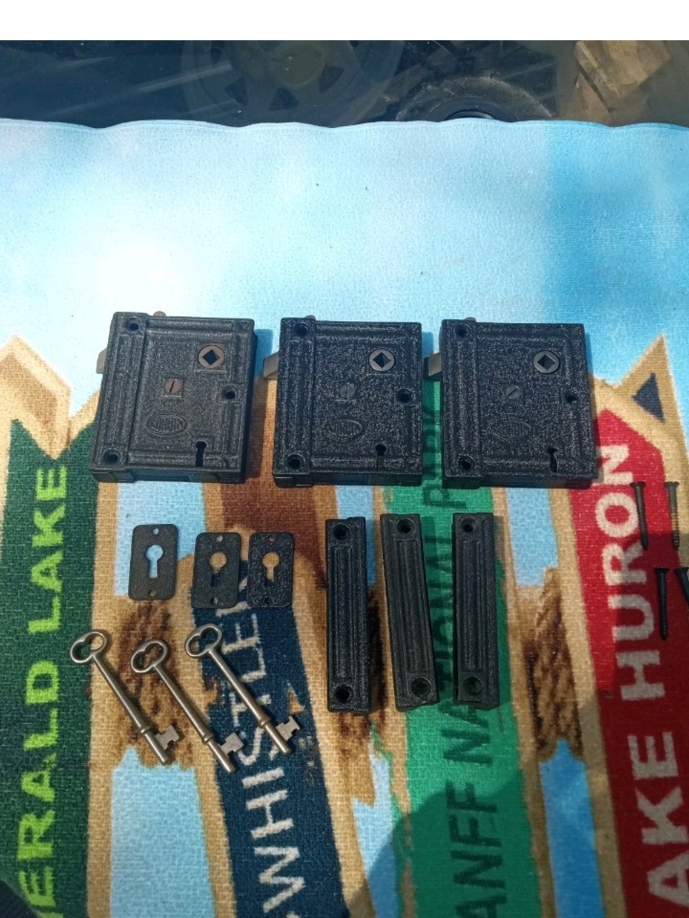 Antique Early Era Black Maze Pattern Corbin Locks with Keys - Set of 3